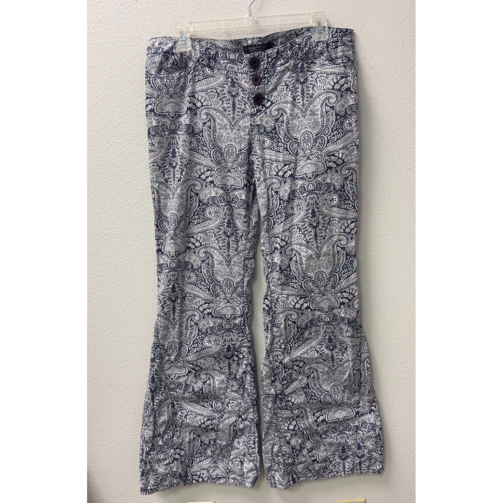 Rampage Paisley Flare Pants Womens 9 Blue White Low Rise Y2K Hippie Indie Boho